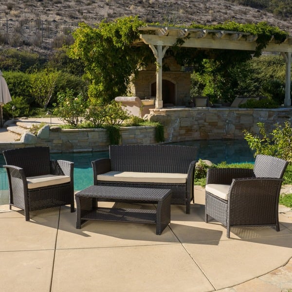 slide 2 of 18, Santa Lucia Outdoor 4-pc. Cushioned Wicker Chat Set by Christopher Knight Home Brown/Beige