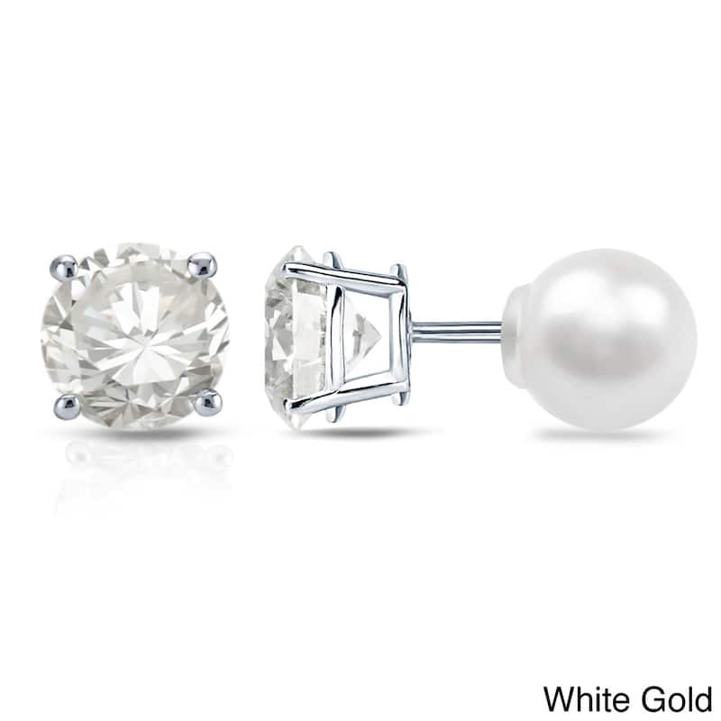 Auriya 14k Gold 3/4ct TDW Reversible Diamond and Freshwater Pearl Stud Earrings (H-I, VS1-VS2) - White