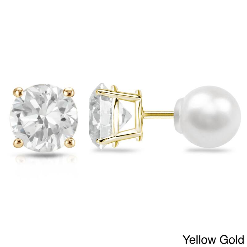 Auriya 14k Gold 3/4ct TDW Reversible Diamond and Freshwater Pearl Stud Earrings (H-I, VS1-VS2) - Yellow
