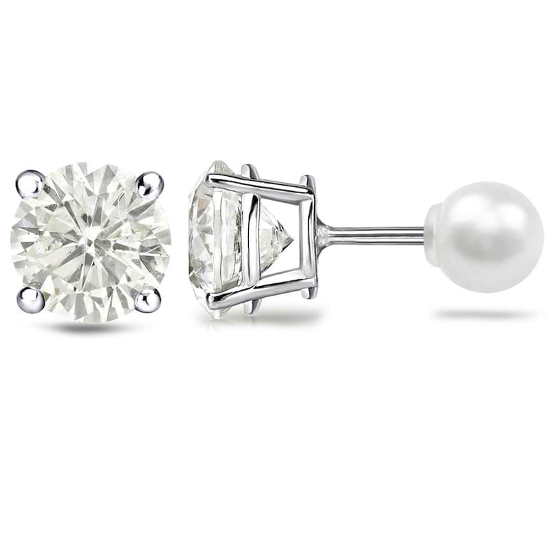 Platinum 1 1/2ct TDW Reversible Hearts & Arrows Diamond and Pearl Stud Earrings (J-K, SI1-SI2)