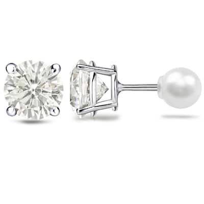 Platinum 1 1/2ct TDW Reversible Hearts & Arrows Diamond and Pearl Stud Earrings (J-K, SI1-SI2)