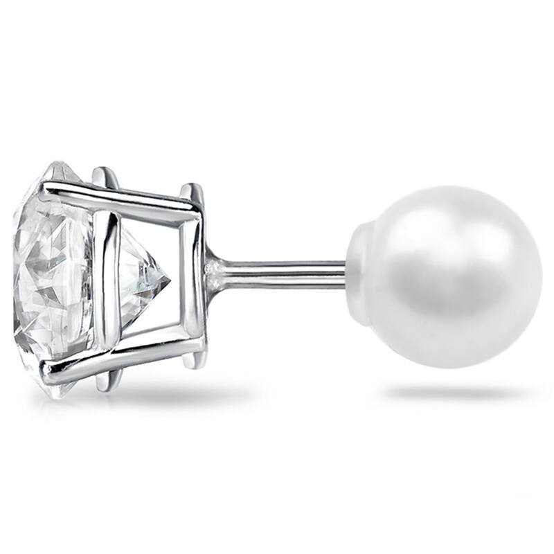 Platinum 1ct TDW Reversible Hearts & Arrows Diamond and Pearl Stud Earrings