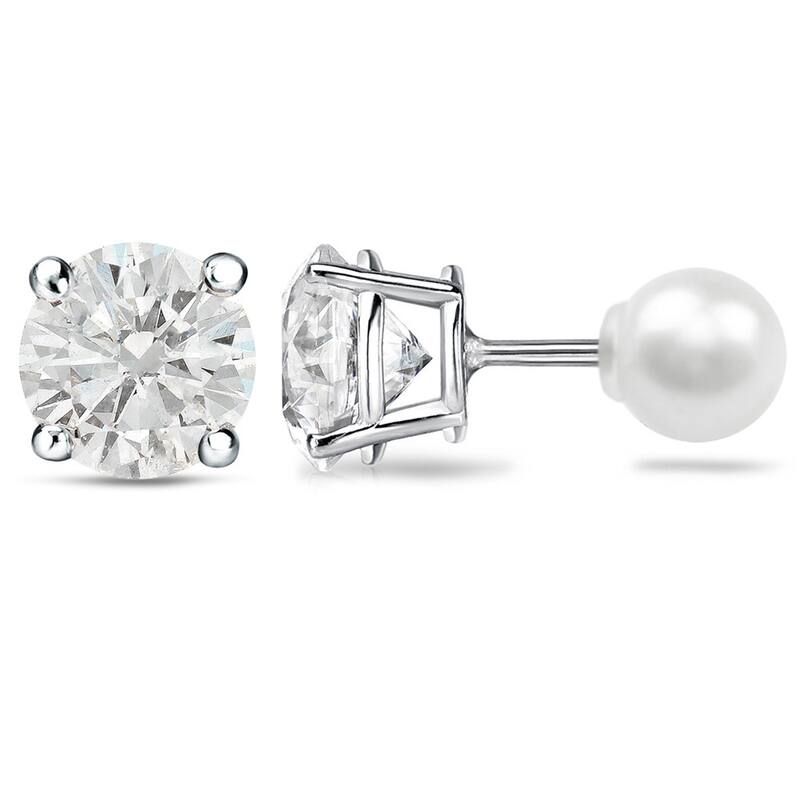 Platinum 1ct TDW Reversible Hearts & Arrows Diamond and Pearl Stud Earrings