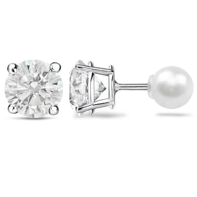 Platinum 1ct TDW Reversible Hearts & Arrows Diamond and Pearl Stud Earrings