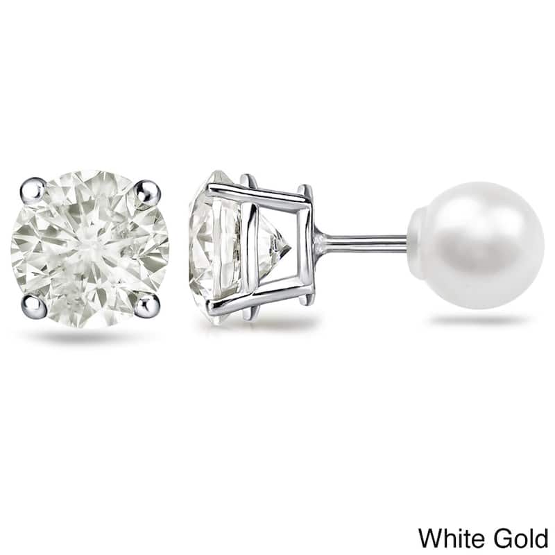 Auriya 1ctw Reversible Diamond and Pearl Stud Earrings 14k Gold (J-K, SI1-SI2) - White