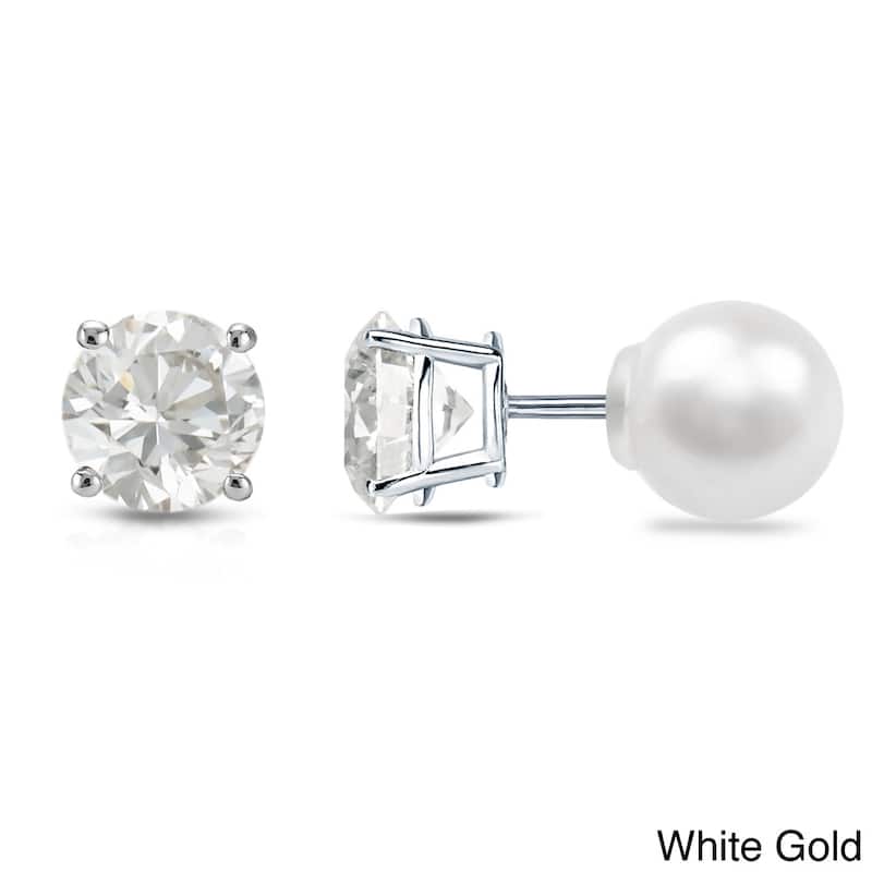 Auriya 1/4ctw Reversible Diamond and Pearl Stud Earrings 14k Gold (H-I, VS1-VS2) - White
