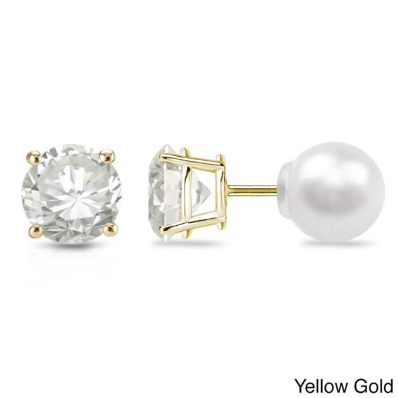 Auriya 1/4ctw Reversible Diamond and Pearl Stud Earrings 14k Gold (H-I, VS1-VS2) - Yellow