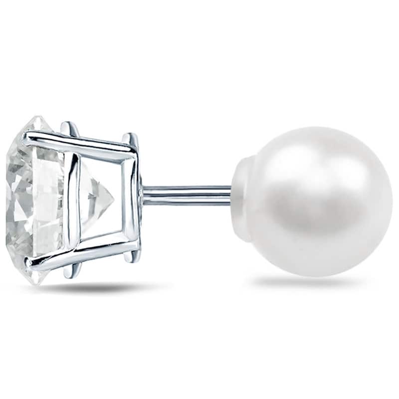 Auriya 14k Gold 1ct TDW Reversible Round Diamond and Pearl Stud Earrings