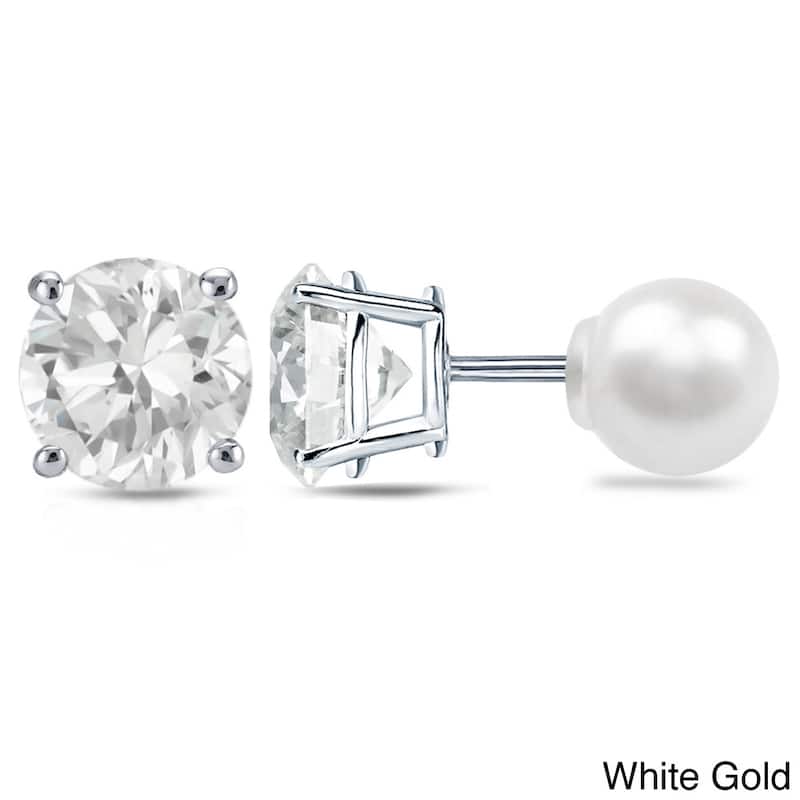 Auriya 14k Gold 1ct TDW Reversible Round Diamond and Pearl Stud Earrings - White