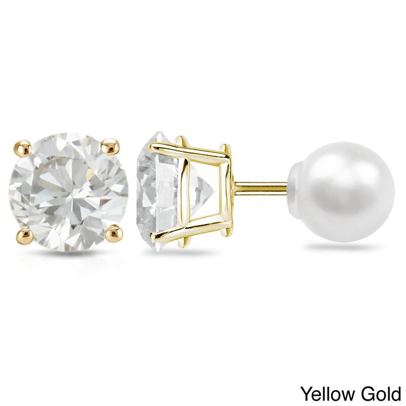 Auriya 14k Gold 1ct TDW Reversible Round Diamond and Pearl Stud Earrings - Yellow