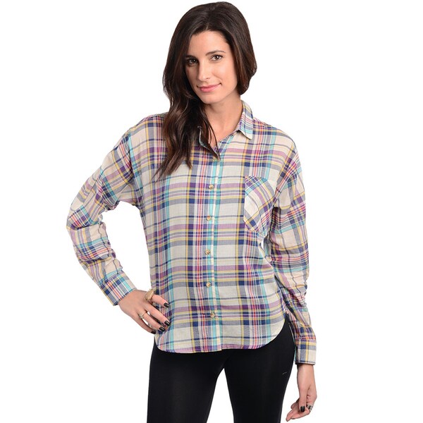 Shop The Trends Women's Jade and Pink Plaid Button-down Shirt