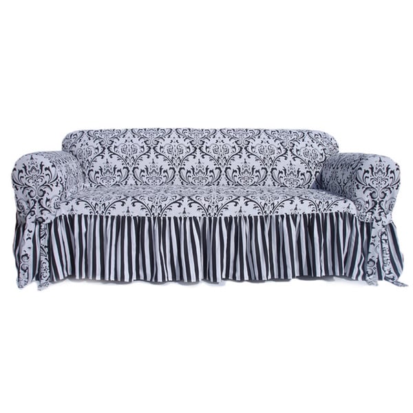 Damask Stripe Ruffled Sofa Slipcover Free Shipping Today Damask Stripe Ruffled Sofa Slipcover
