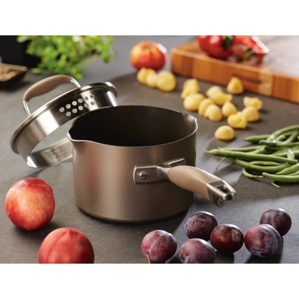 Anolon Advanced Bronze Hard-anodized Nonstick 2-quart Covered Straining Saucepan with Pour Spouts