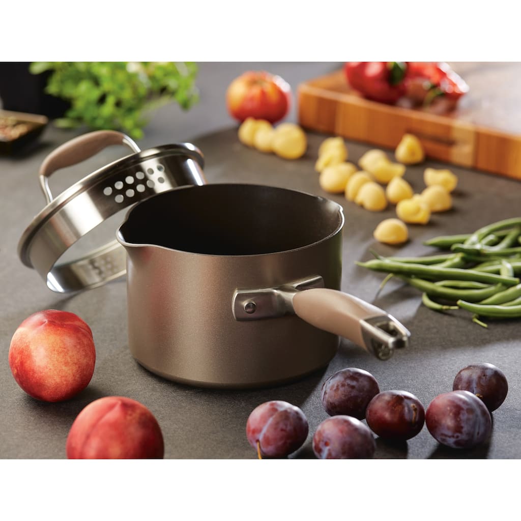 Anolon Advanced Bronze Hard-anodized Nonstick 2-quart Covered Straining Saucepan with Pour Spouts