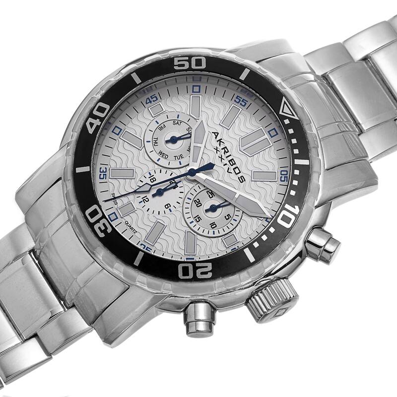 Akribos XXIV Men's Embossed Dial Multifunction Stainless Steel White Bracelet Watch