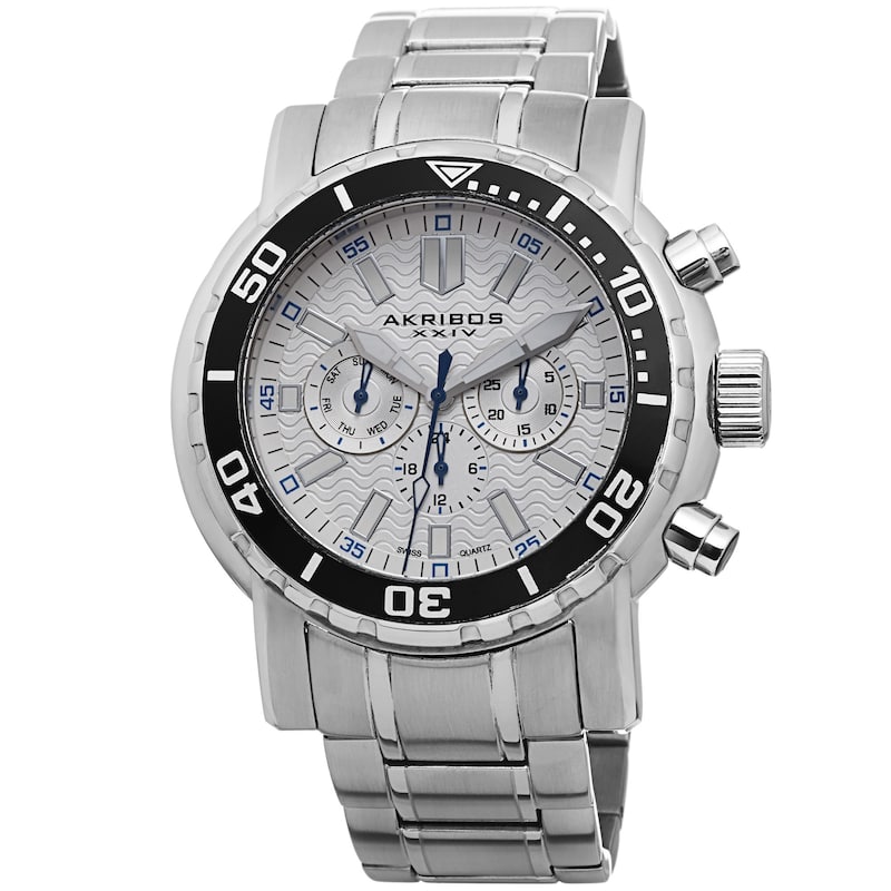 Akribos XXIV Men's Embossed Dial Multifunction Stainless Steel White Bracelet Watch