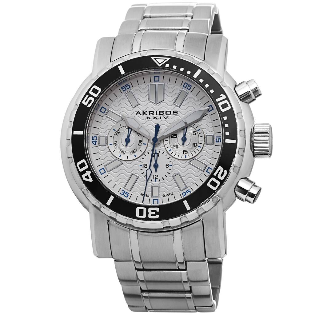 Akribos XXIV Men's Embossed Dial Multifunction Stainless Steel White Bracelet Watch