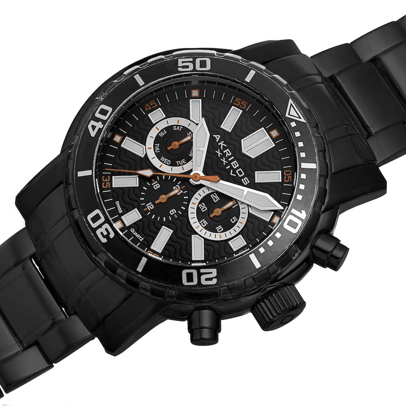 Akribos XXIV Men's Embossed Dial Multifunction Stainless Steel Black Bracelet Watch