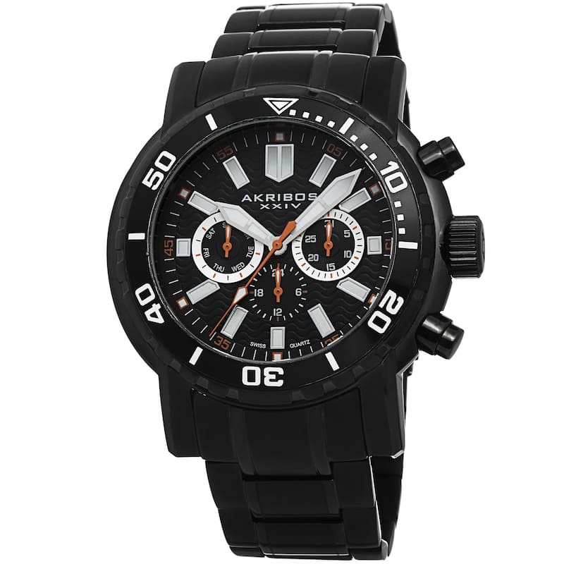 Akribos XXIV Men's Embossed Dial Multifunction Stainless Steel Black Bracelet Watch