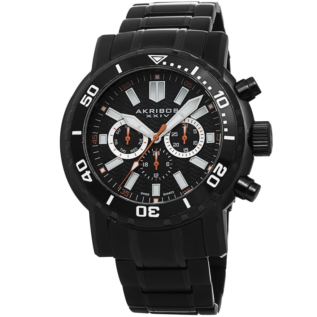 Akribos XXIV Men's Embossed Dial Multifunction Stainless Steel Black Bracelet Watch