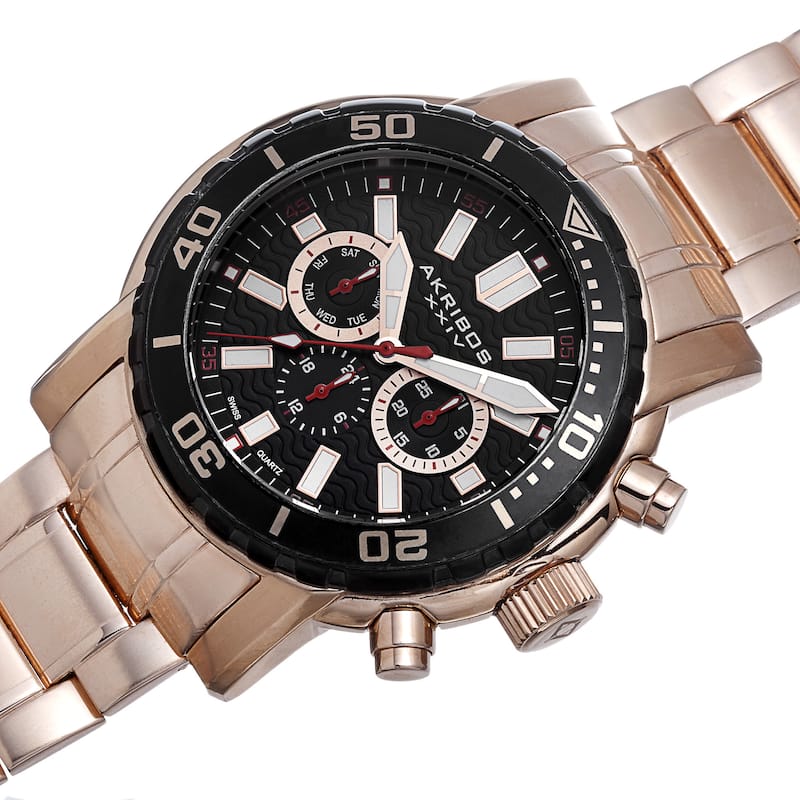 Akribos XXIV Men's Embossed Dial Multifunction Stainless Steel Rose-Tone Bracelet Watch