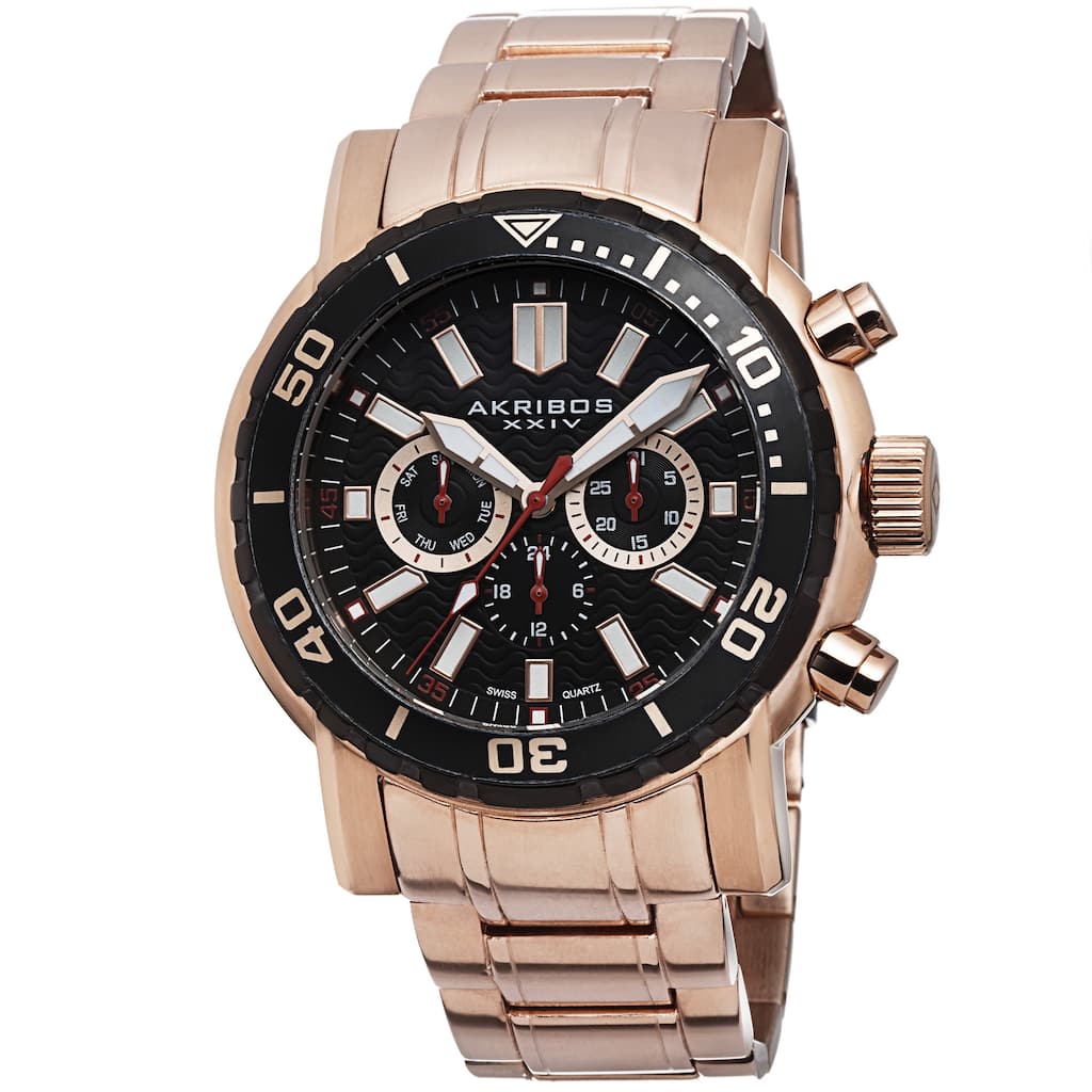Akribos XXIV Men's Embossed Dial Multifunction Stainless Steel Rose-Tone Bracelet Watch