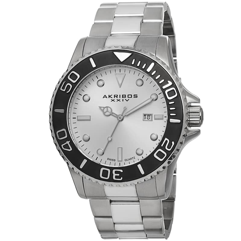 Akribos XXIV Men's Swiss Quartz Sunray Dial Stainless Steel Silver-Tone Bracelet Watch