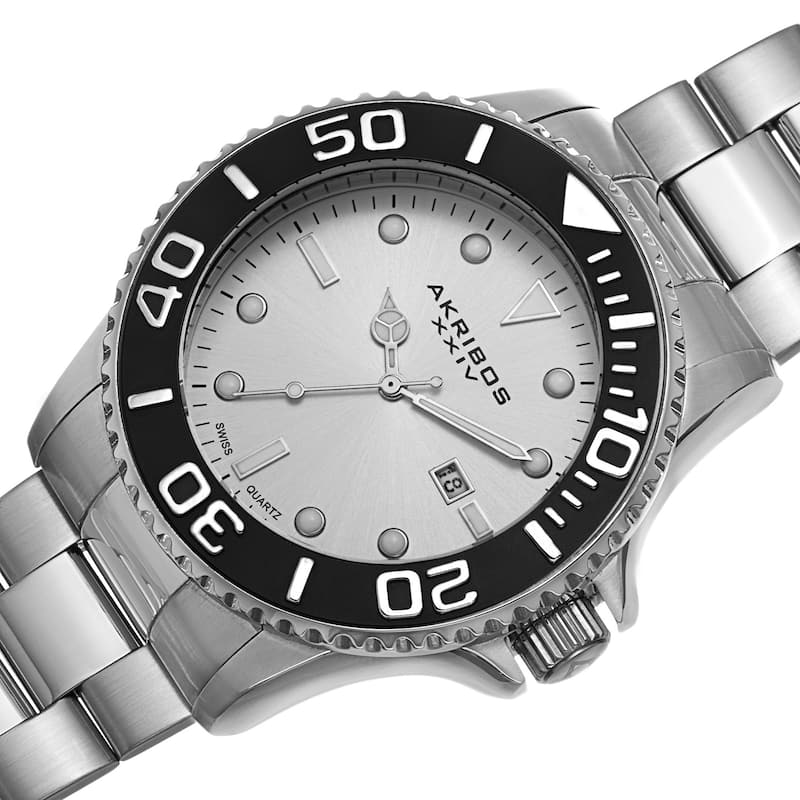 Akribos XXIV Men's Swiss Quartz Sunray Dial Stainless Steel Silver-Tone Bracelet Watch