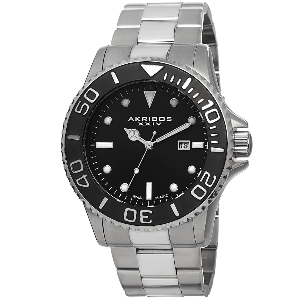 Akribos XXIV Men's Swiss Quartz Sunray Dial Stainless Steel Silver-Tone Bracelet Watch