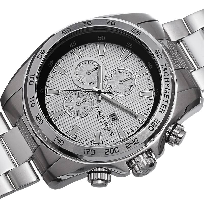Akribos XXIV Men's Quartz Stainless Steel Tachymeter Silver-Tone Bracelet Watch