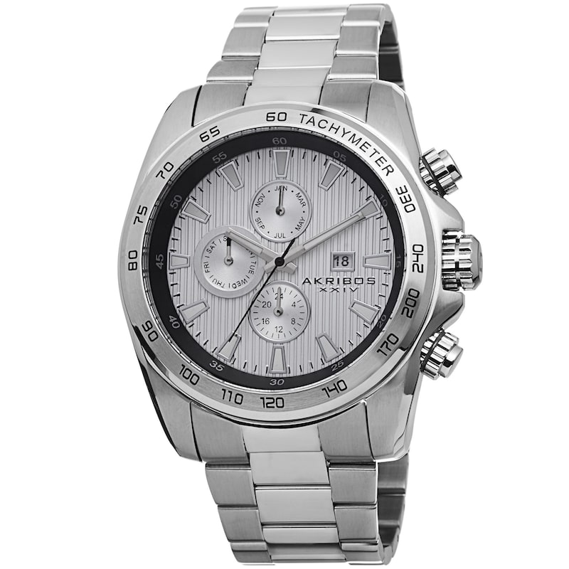Akribos XXIV Men's Quartz Stainless Steel Tachymeter Silver-Tone Bracelet Watch