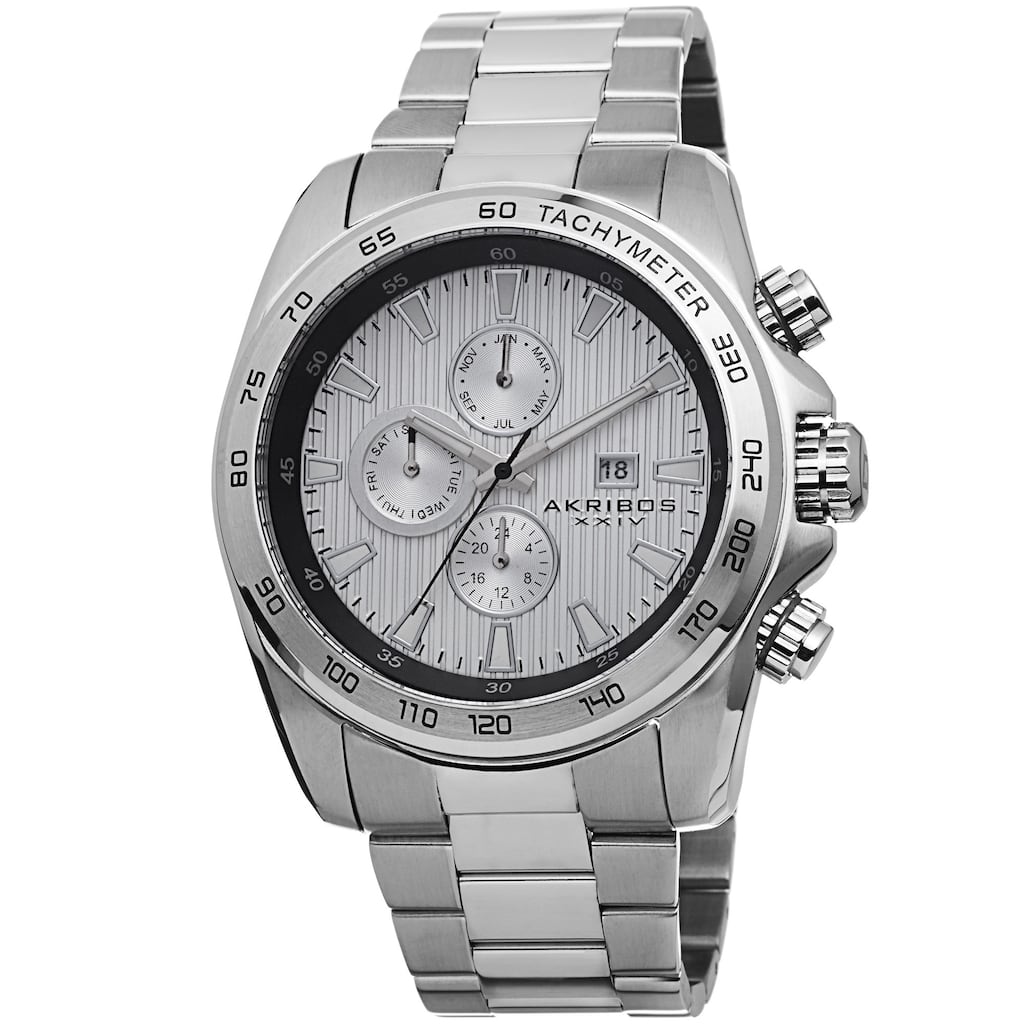 Akribos XXIV Men's Quartz Stainless Steel Tachymeter Silver-Tone Bracelet Watch