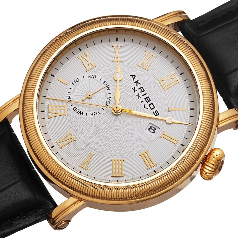 Akribos XXIV Men's Swiss Quartz Day/Date Leather Gold-Tone Strap Watch