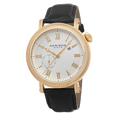 Akribos XXIV Men's Swiss Quartz Day/Date Leather Gold-Tone Strap Watch