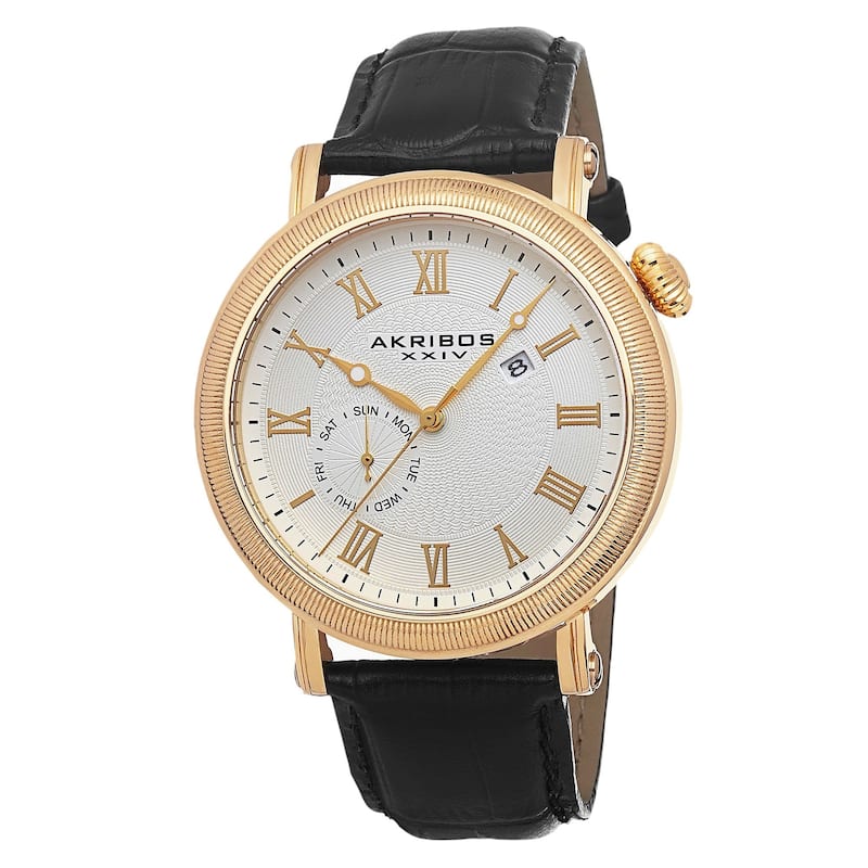 Akribos XXIV Men's Swiss Quartz Day/Date Leather Gold-Tone Strap Watch