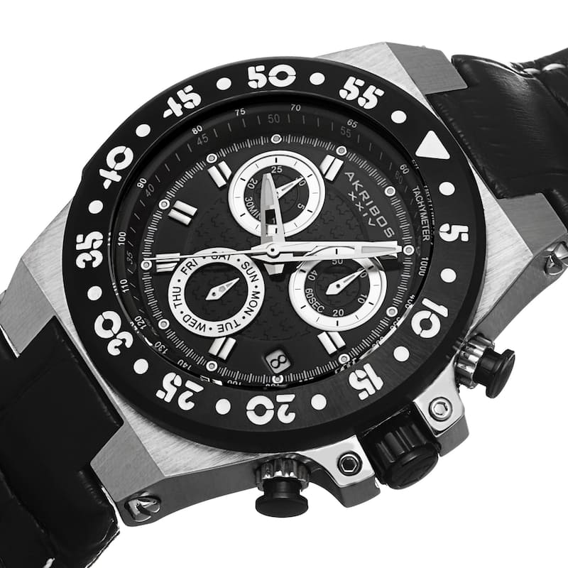Akribos XXIV Women's Swiss Chronograph Sports Leather Black Strap Watch