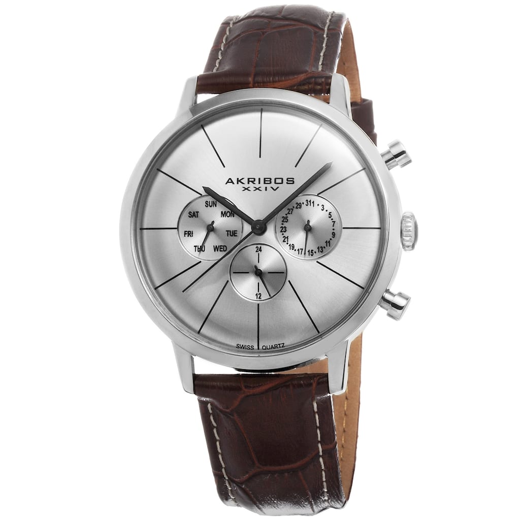 Akribos XXIV Men's Swiss Quartz Multifunction Leather Brown Strap Watch