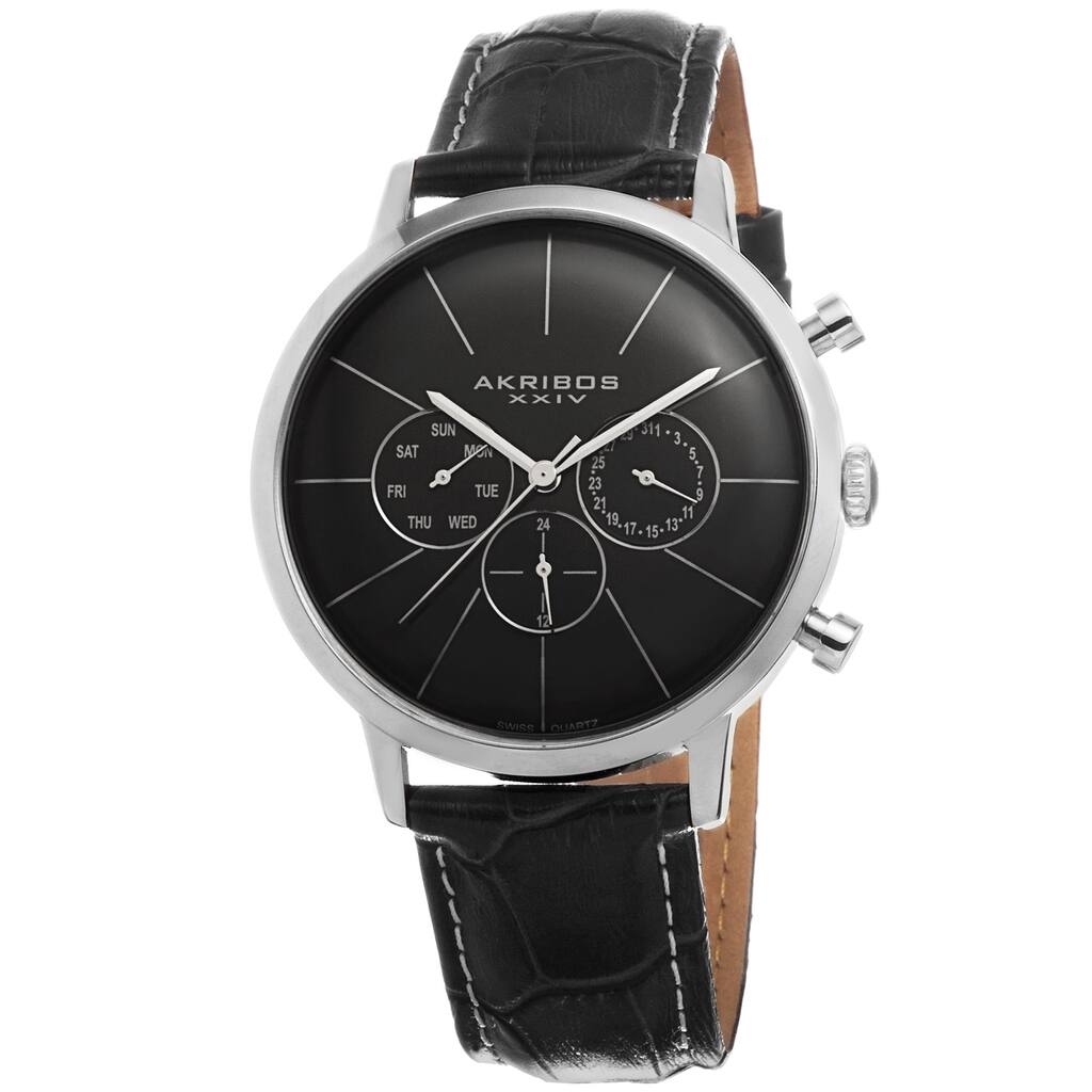 Akribos XXIV Men's Swiss Quartz Multifunction Leather Silver-Tone Strap Watch