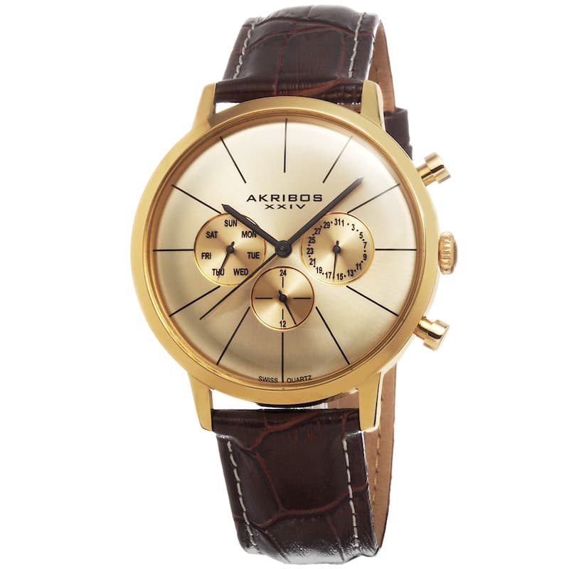 Akribos XXIV Men's Swiss Quartz Multifunction Leather Gold-Tone Strap Watch