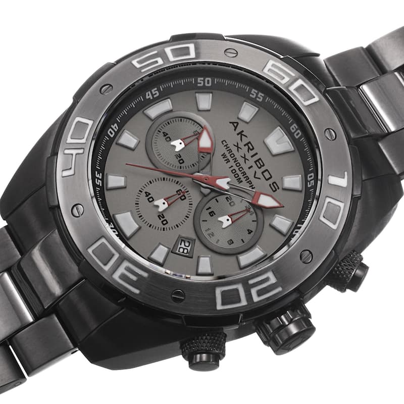 Akribos XXIV Men's Sturdy Chronograph Stainless Steel Gun Bracelet Watch