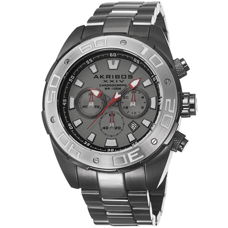 Akribos XXIV Men's Sturdy Chronograph Stainless Steel Gun Bracelet Watch