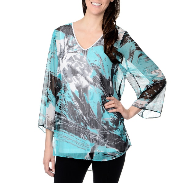 Chelsea & Theodore Women's Splash Wave Print Sheer Top Chelsea & Theodore 3/4 Sleeve Shirts