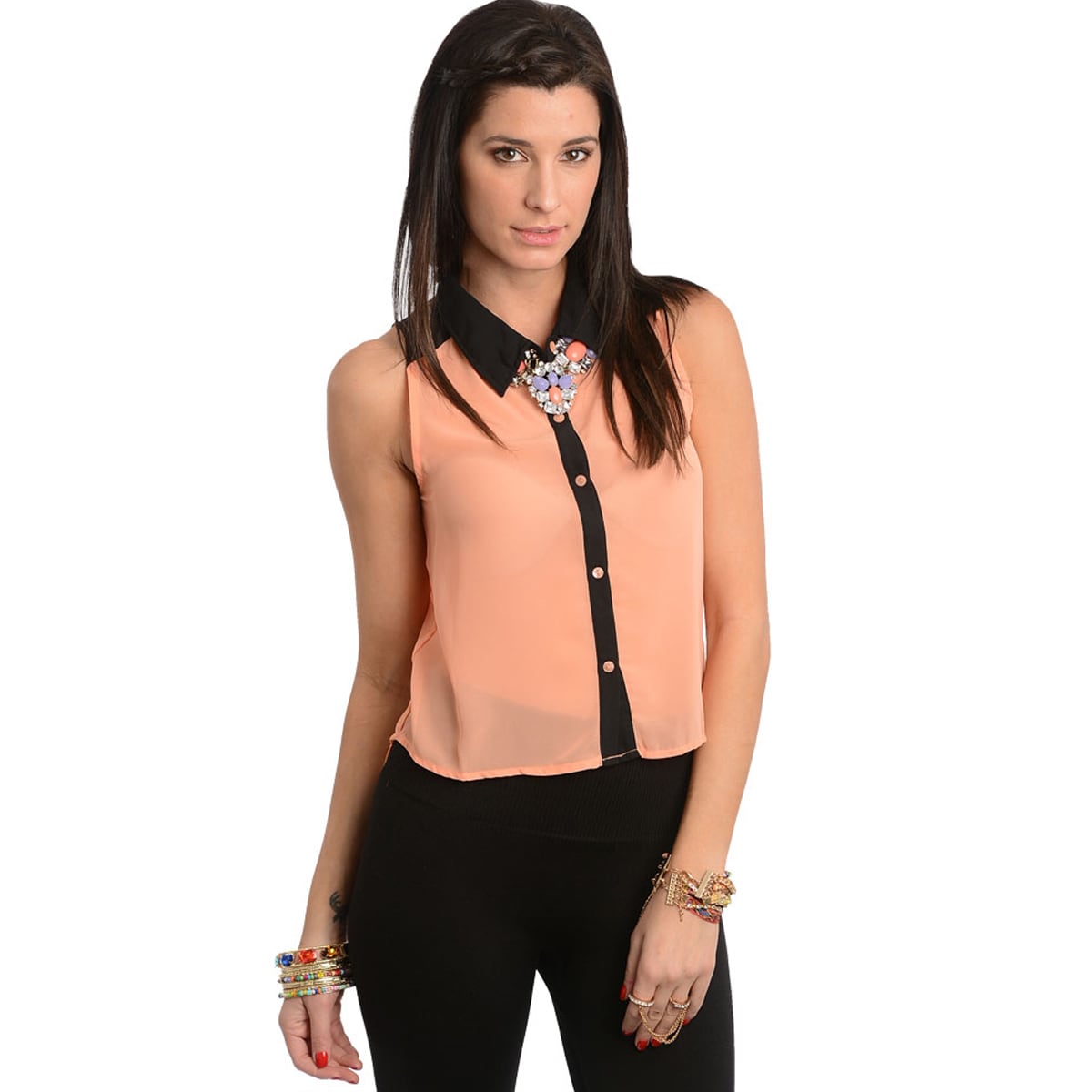 Feellib Womens Peach/ Black Sleeveless Buttoned Top