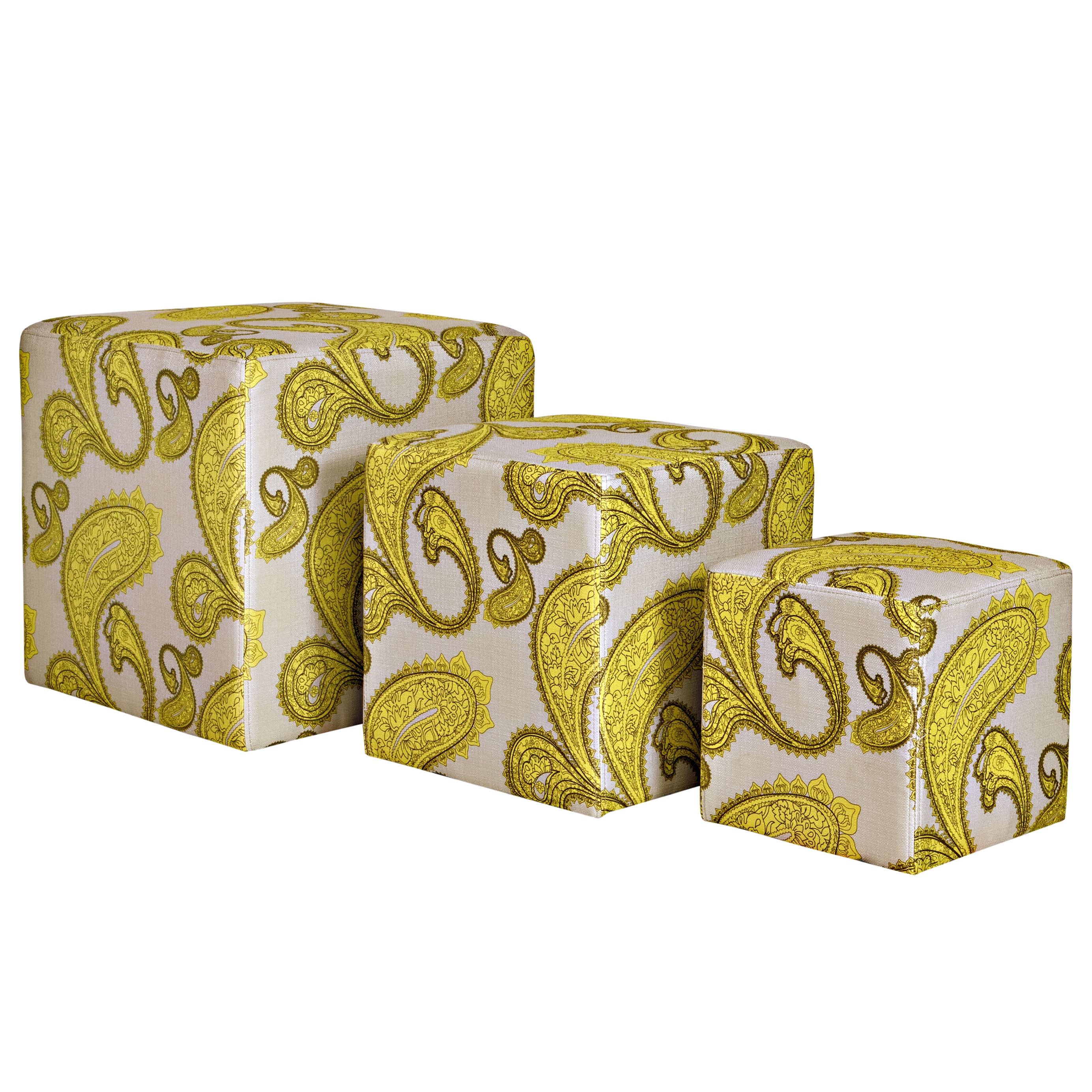 Angelohome Carlyle Modern Lemongrass Paisley 3 Piece Nesting Ottoman Cubes