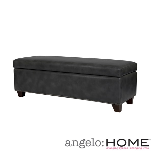 angeloHOME Kent Charcoal Gray Renu Leather Wall Hugger Storage Ottoman ANGELOHOME Ottomans