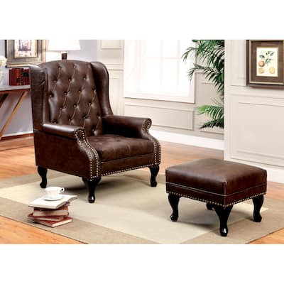 Corr Traditional Brown Faux Leather 2-piece Chair with Ottoman Set by Furniture of America