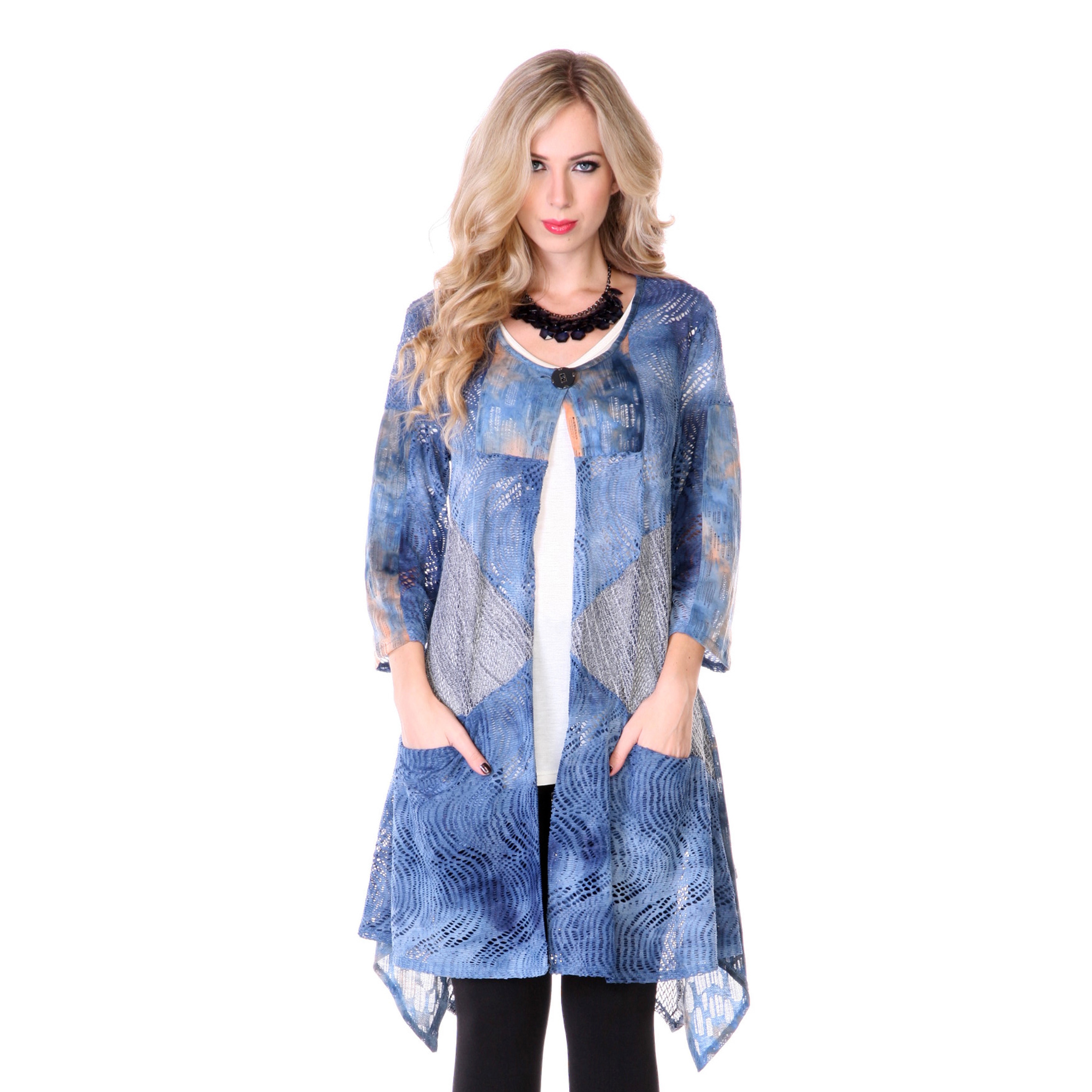 Womens Blue Sheer Knit 3/4 sleeve Long Cardigan