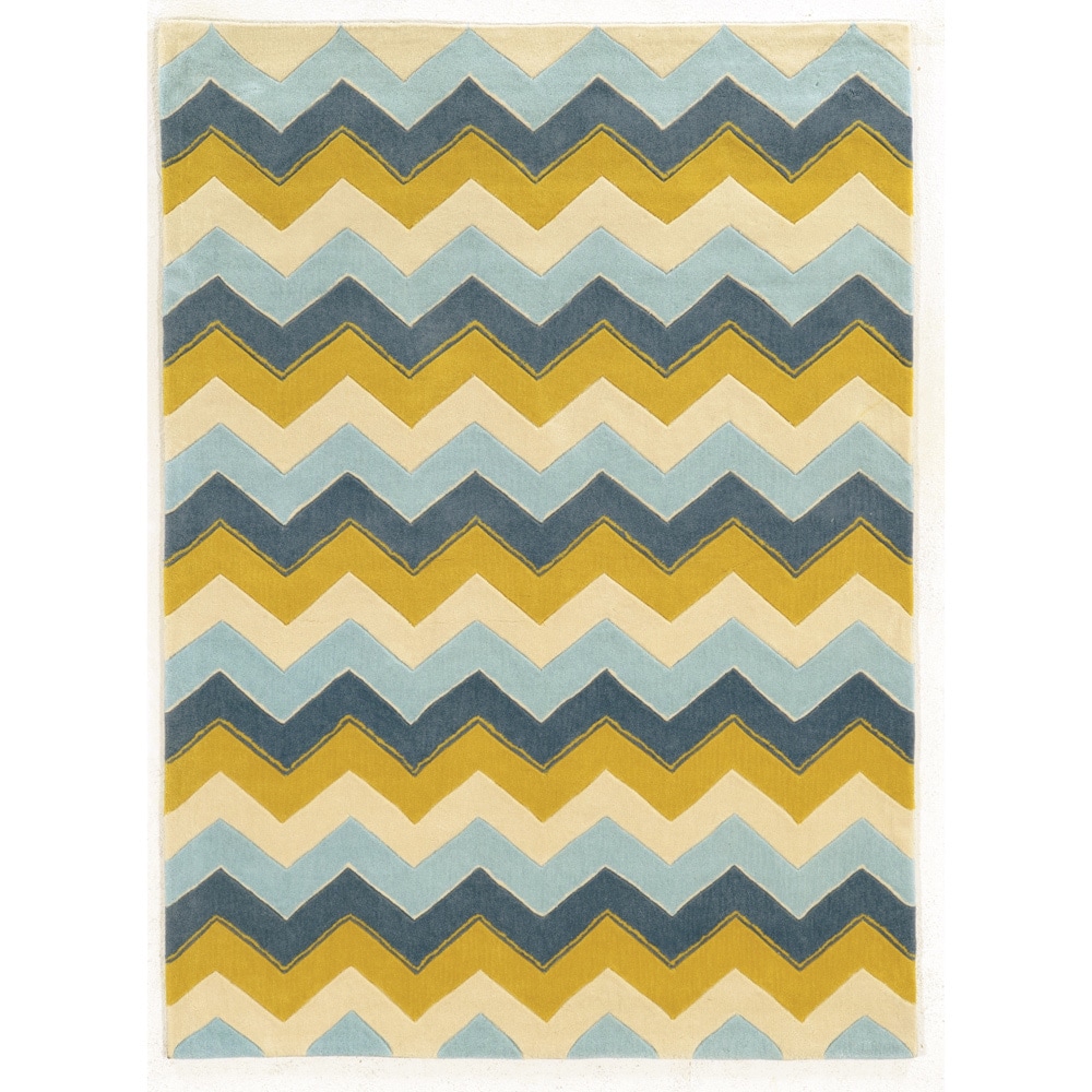 Trio Collection Chevron Blue/ Yellow Area Rug (5 X 7)