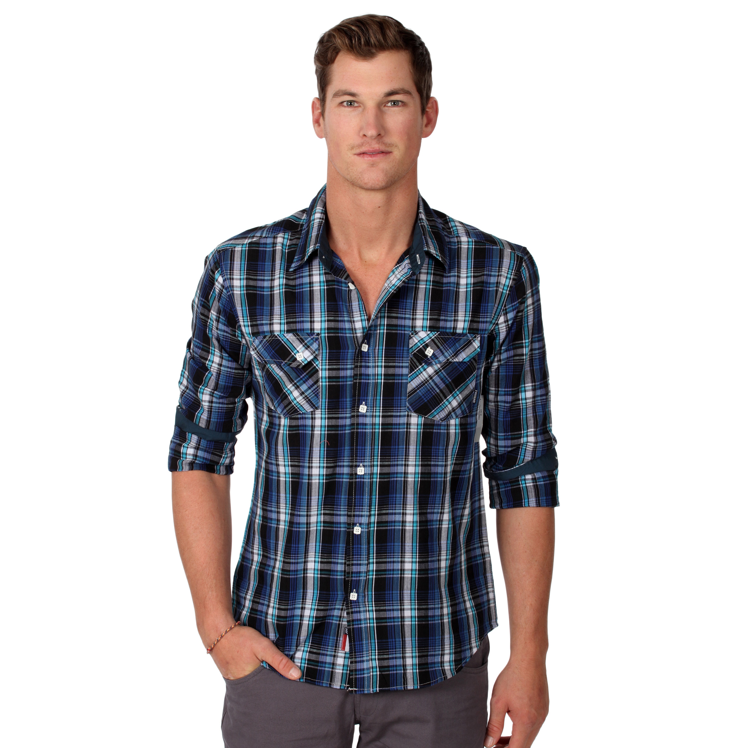 191 Unlimited Mens Slim Fit Blue Plaid Woven Shirt