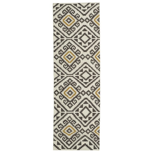 Flatweave TriBeCa Motif Grey Wool Runner Rug - 2'6" x 8'